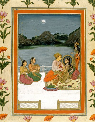Elskere på en terrasse ved en måneskin sø, fra Small Clive Album (ugennemsigtigt wc på papir) af Mughal School