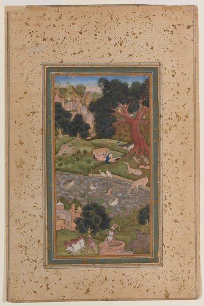 Majnun in the Wilderness, ca. 1600 (ugennemsigtig akvarel på papir) af Mughal School