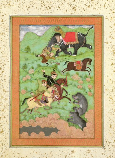 Rajput-prinser, der jager bjørne; en mahout og hans elefant redder en falden rytter fra en tiger fra Large Clive Album af Mughal School