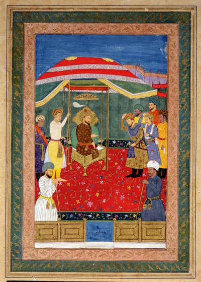 Mughal-kejseren Babur (1526-30) sidder på en trone og modtager en prins, Johnson Album I, nr. 3 nummereret 65 af Mughal School