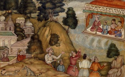Landsbyboere, der hylder en mand og hans familie, der sidder på en garlanded veranda, ca. 1585 af Mughal School