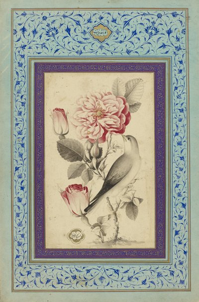 Roses and Nightingale, slutningen af det 18. århundrede (blæk og farve på papir) af Muhammad Baqir