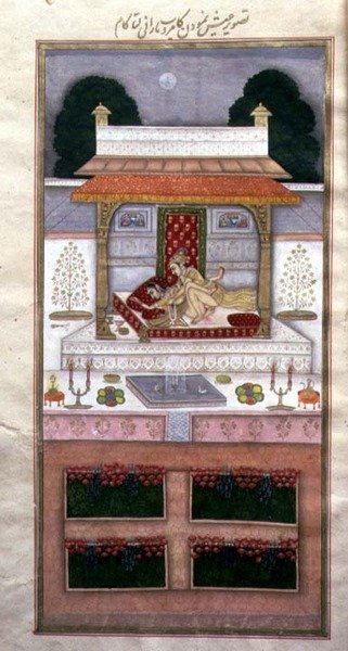 Kamrup og Kamalta på deres bryllupsnat, fra Dastur-i Himmat (ca. 1755) (belysning) af Muhammad Murad