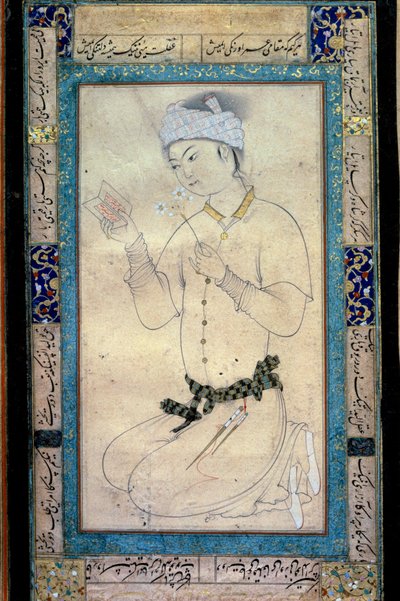 En ung mand med bøger og narcisser persisk miniature ved Muhammad Shaykhs gouache af Muhammad Shaykh