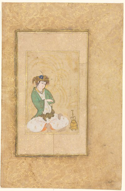 Ungdom siddende ved en pil, illustration på én side, ca. 1600-1650. af Muhammad Yusuf