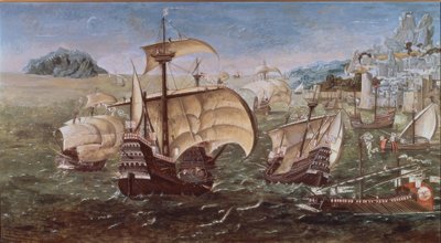PORTUGISISKE BÅDE PÅ EN KLISTERKYST - XVI ÅRHUNDREDE -O / L - 78 × 144 - KOPI AF ORIGINALEN AF GREENWICH MUSEET af Munday John