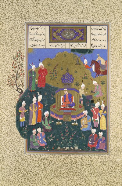 Buzurjmihr vises på Nushirvans femte forsamling, folio 622r fra Shahnama ..., ca. 1530-3 af Muzaffar 