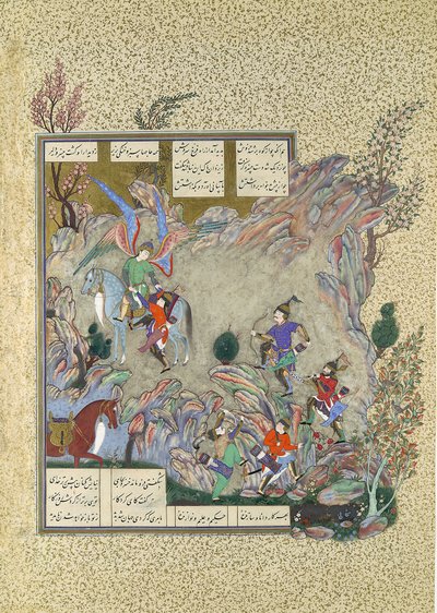 Englen Surush redder Khusrau Parviz fra en blind vej, Folio 708v fra..., ca. 1530-35. af Muzaffar 