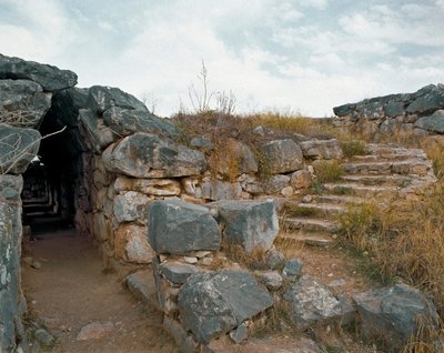 Mykensk kunst: overdækket passage af det mykenske citadel, Tiryns Byen, omkring 1200 f.Kr. Grækenland af Mycenaean