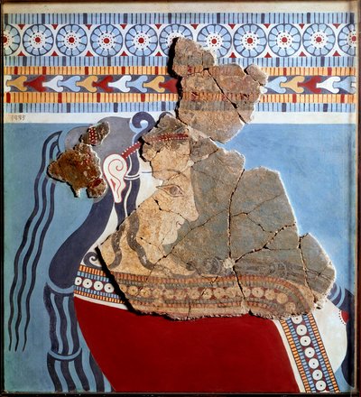Mykensk kunst: kvindebuste. Fragment af freskomaleri fra paladset i Tiryns The og rekonstitution af Mycenaean