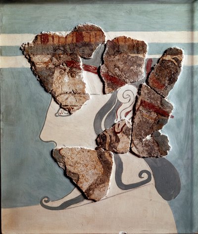 Mykensk kunst: feminint hoved. Fragment af freskomaleri fra paladset i Tiryns af Mycenaean