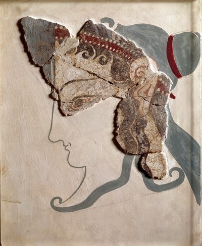 Mykensk kunst: feminint hoved. Fragment af freskomaleri fra paladset i Tiryns af Mycenaean