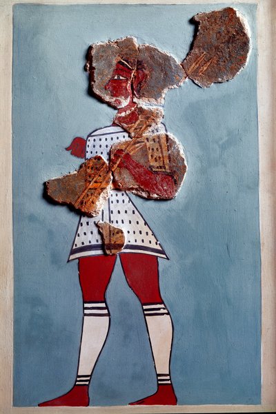 Mykensk kunst: kriger. Fragment af freskomaleri fra paladset i Tiryns The og rekonstitution af Mycenaean