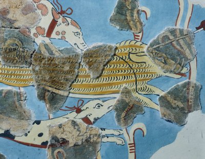 Fresco fra Tirinto Palace (Grækenland). Detalje: gruppe hunde angriber et vildsvin. Mykensk civilisation af Mycenean