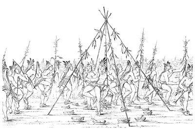 Medicinmænd danser rundt om en gryde og takker Den Store Ånd, 1841. af Myers and Co