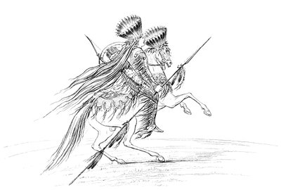 Indfødt amerikansk mand med våben og hovedbeklædning, ridende på hest, 1841. af Myers and Co
