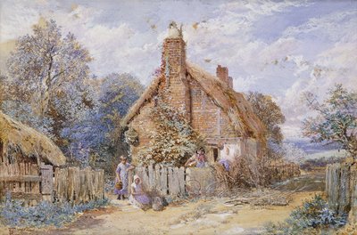 Børn ved et stråtækt sommerhus ved Chiddingfold, af Myles Birket Foster