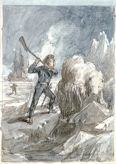 Nelson møder en bjørn, ca. 1854 (grå vask, forstærket med hvidt, akvarel, grafit) af Myles Birket Foster
