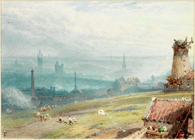 Newcastle upon Tyne fra Windmill Hills, Gateshead (kropsfarve og akvarel på papir (klisteret om bord)) af Myles Birket Foster