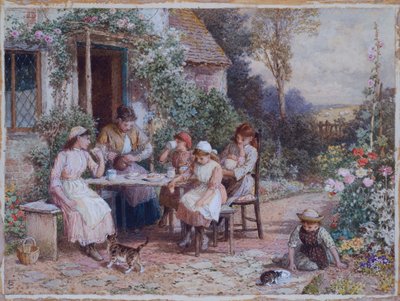 Teatime (blyant og akvarel forhøjet med hvidt på kort) af Myles Birket Foster