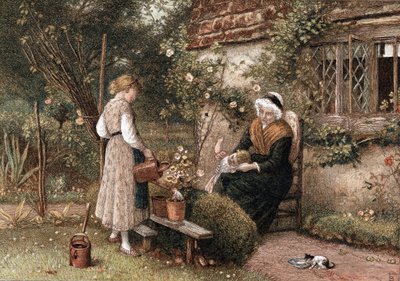 Ungdom og alder. Kromolitografi efter maleri af Myles Birkett Foster (1825-1899), engelsk kunstner, udgivet i London 1866. Bedstemor med blondehue sidder i en sommerhushave med to børnebørn. Pigen bruger en vandkande til at vande en plante i en potte. Kill af Myles Birket Foster