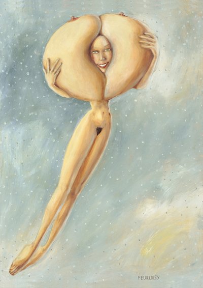 Surrealistisk svævende nøgenfigur af Myriam Feuilloley