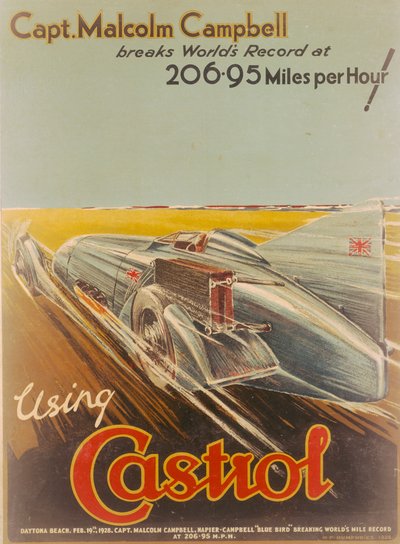 Plakat, der reklamerer for Castrol, med Bluebird, 1928 af NF Humphries