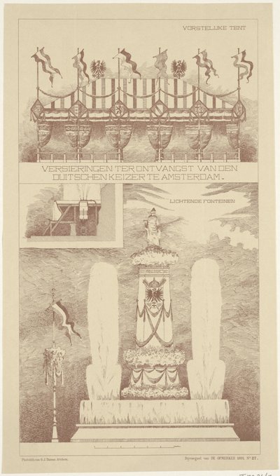 Dekorationer under den tyske kejsers besøg i Amsterdam, 1891 Dekorationer til modtagelse af den tyske kejser i Amsterdam (titel på objekt) af NV Drukkerij G.J. Thieme
