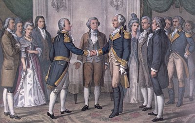 Det første møde mellem general George Washington (1732-99) og markis de La Fayette (1757-1834) Philadelphia, 3. august 1777, udgivet i 1876 (farvelitografi) af N. and Ives J.M. (after) Currier