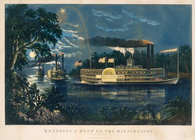 "Rounding a Bend" på Mississippi - afskedshilsen af Currier and Ives