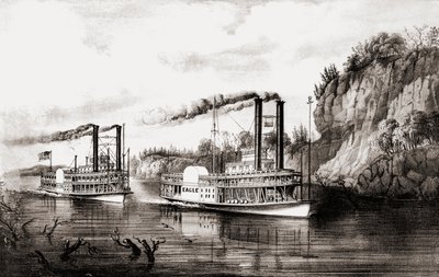 Dampbåde kapsejlads på Mississippi-floden, USA. af N. and Ives J.M. Currier