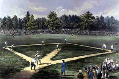 The American National Game of Baseball, Grand Match For The Championship på The Elysian Fields, Hoboken, N.J. 1866 (farve litho) af Currier and Ives