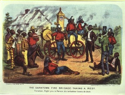 Darktown Fire Brigade tager et hvil (farve litho) af Currier and Ives