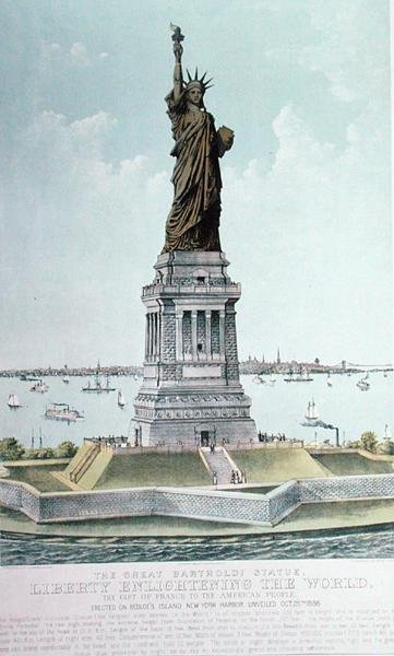 Den store Bartholdi-statue, Liberty Enlightening the World (farve litho) af Currier and Ives