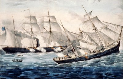 Amerikansk krigsslup ud for Cherbourg, Frankrig, søndag den 19. juni. 1864. Illustration af Currier & Ives. c1864. af N. Currier and Ives J.M.
