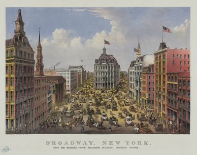 Broadway, New York fra Western Unions telegrafbygning ser mod nord af Currier and Ives