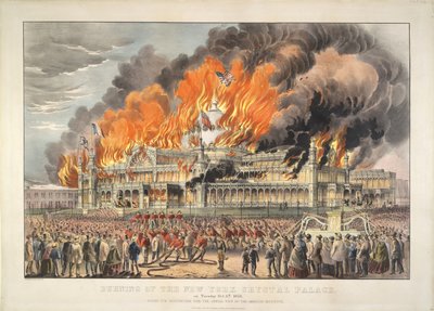 Afbrænding af New York Crystal Palace tirsdag den 5. oktober 1858 (farvelitografi)   Farvet litografi af Currier and Ives
