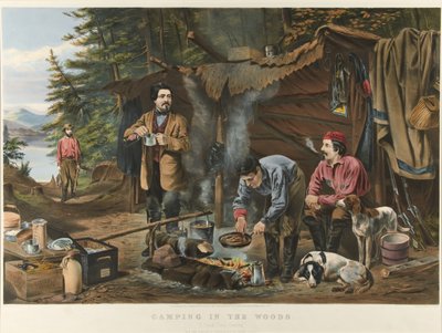 Camping i skoven "A Good Time Coming" (farvelitografi) af Currier and Ives