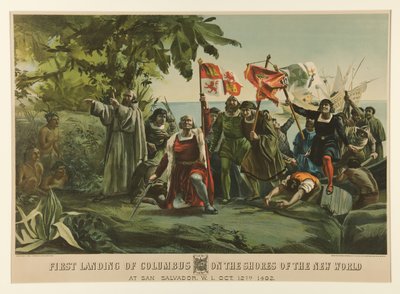 Første landing af Columbus på kysterne af den nye verden af Currier and Ives