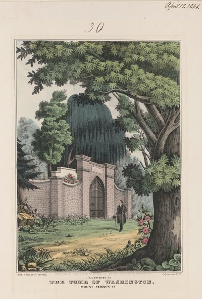 La Fayette ved Washingtons grav - Mount Vernon Va. 1845 (farvelitografi) af Currier and Ives