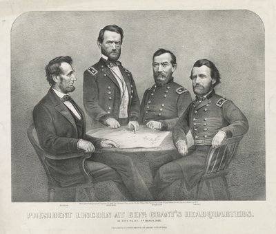 Præsident Lincoln ved Genl. Grants hovedkvarter, ca. 1865 (litografi) af Currier and Ives