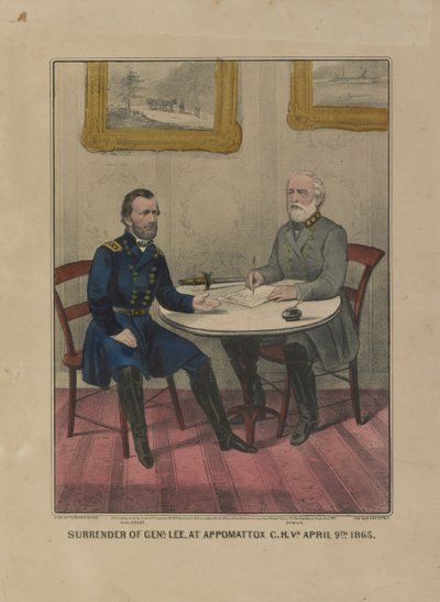Overgivelse af Genl. Lee, hos Appomattox C.H. Va. 9. april. 1865 (farvelitografi) af Currier and Ives