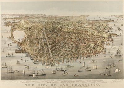 The City of San Francisco - Fugleperspektiv fra bugten, med udsigt til sydvest af Currier and Ives