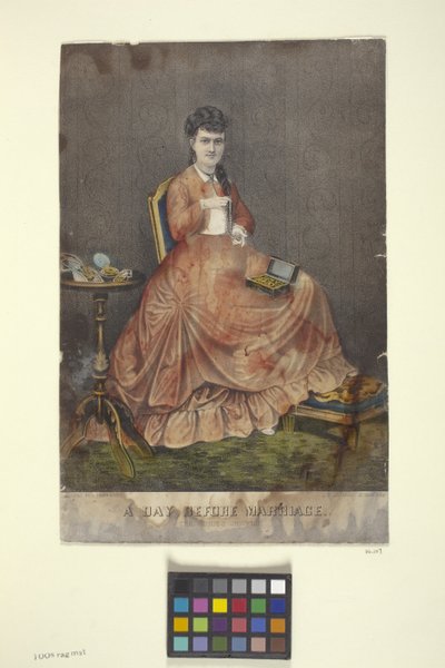 Dagen før ægteskabet (håndkoloreret litografi) af N. and Ives J.M. (1824-95) Currier