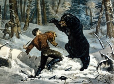 The Life of Trappers (Professional Hunters) i Canada: En jæger bliver angrebet af en Grizzlybjørn. Illustration af Yves og Currier. af Currier and Ives