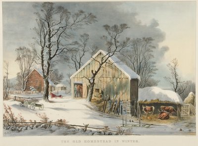 Den gamle gård om vinteren af Currier and Ives
