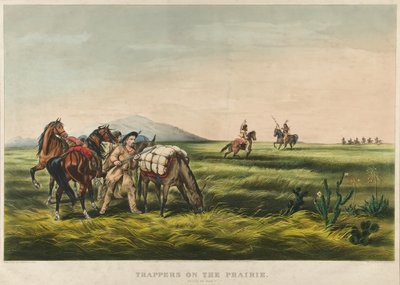 Fangstmænd på prærien / fred eller krig? 1866 (farvelitografi) af Currier and Ives