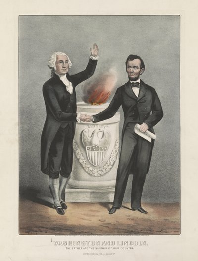 Washington og Lincoln. Vort lands fader og frelser, ca. 1865 (farvelitografi) af Currier and Ives