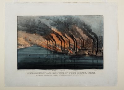 Bombardement og tilfangetagelse af Fort Henry, Tenn, ca. 1862 af N. and Ives, J.M. Currier