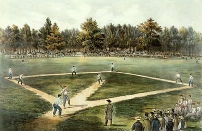 The American National Game of Baseball - Grand Match på Elysian Fields, Hoboken, NJ, 1866 (se 32902) af N. and Ives, J.M. Currier
